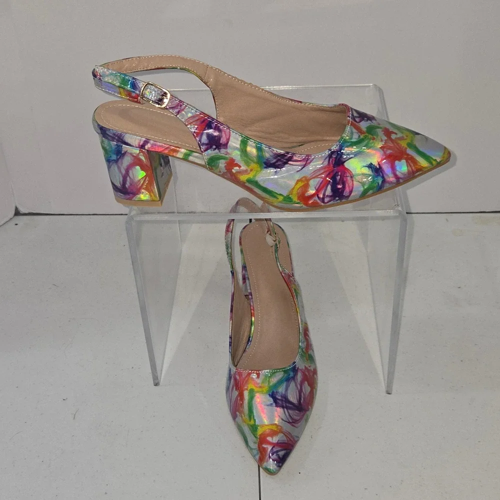 Multicolor Abstract Print Slingback Pumps Pointed Toe Block Heel Shoes Size 42